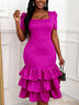 AOMEIDRESS Bodycon Dress Square Collar Short Sleeves Ruffle Layered