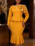 AOMEIDRESS Mermaid Midi Dress Long Sleeves 3D Flower Peplum Ruffle
