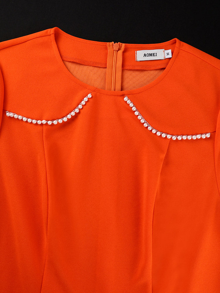 AOMEIDRESS Bodycon Dresses O Neck Half Sleeve Beading Office Ladies