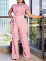 Pink Lace Jumpsuit Women Patchwork High Waist Wide Leg Waist Belt Modest