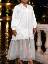 AOMEIDRESS Elegant Women Shirt Dress Short Sleeve Satin Spliced Lace