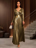 AOMEIDRESS Elegant Gold A Line Pleated Dress V Neck Long Sleeve Gowns