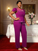 AOMEIDRESS Elegant Beaded Peplum Belly Cover Church Jumpsuit O Neck