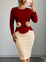 AOMEIDRESS Chic Bodycon Dress O Neck Long Sleeve Colorblock 3D Floral