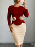 AOMEIDRESS Chic Bodycon Dress O Neck Long Sleeve Colorblock 3D Floral