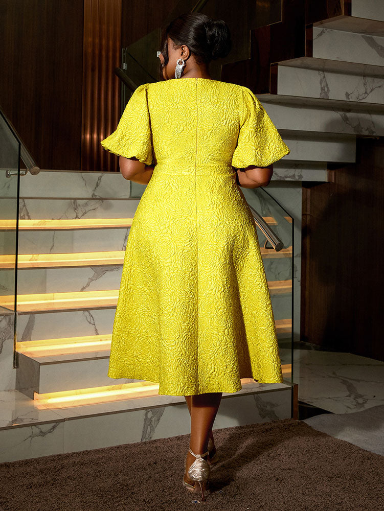 Jacquard Dresses A Line 3D Yellow Flower Short Puff Sleeve