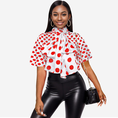 AOMEIDRESS Elegant Polka Dot Causal Blouse Bow Neck Short Sleeves
