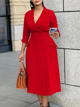 Elegant A Line Blazer Dress Notched Lapel Three Quarter Sleeves with Belted