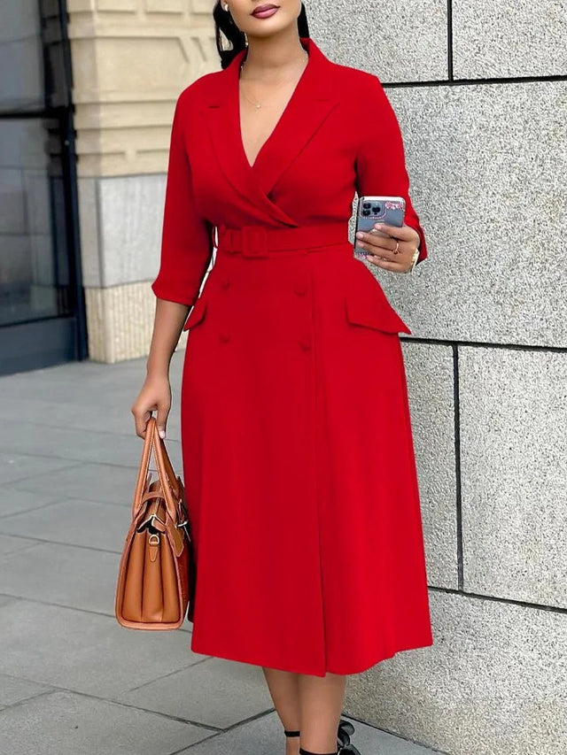 Elegant A Line Blazer Dress Notched Lapel Three Quarter Sleeves with Belted