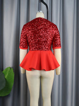 AOMEI Women Short Sleeve Red Sequined Blouses