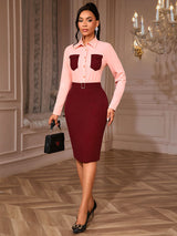 AOMEIDRESS Elegant Two Piece Set with Office Shirt Top Pencil Skirt