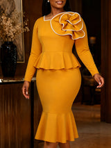 AOMEIDRESS Mermaid Midi Dress Long Sleeves 3D Flower Peplum Ruffle