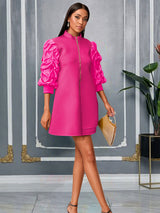 AOMEIDRESS Elegant A Line Mini Dress Folds Puff Sleeves Front Zipper