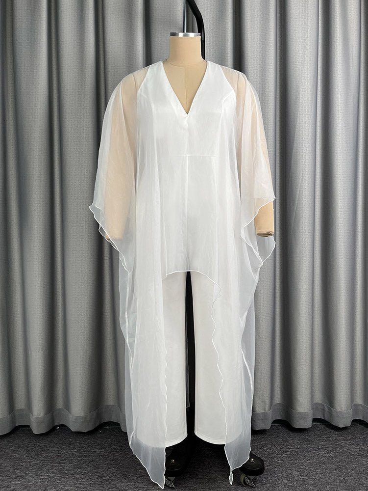 AOMEIDRESS Women Jumpsuits V Neck Mesh Batwing Sleeves Long Wide Leg