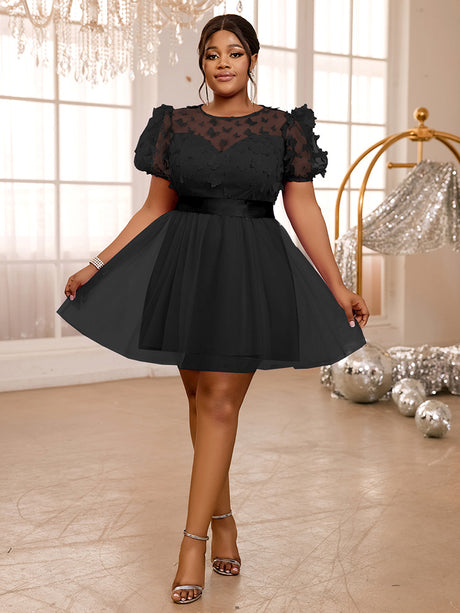 AOMEIDRESS Lavender Mini Dresses Gauze O Neck A Line Short Puff Sleeve