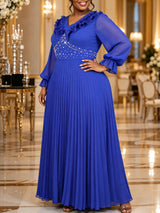 AOMEIDRESS Chiffon Dress V Neck Ruffle Long Sleeve Pleated Rhinestone