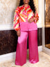 AOMEIDRESS Two Piece Set Button Patchwork Printed Shirt Wide Leg Pants