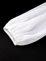 AOMEIDRESS White Chiffon A Line Dresses V Neck Puff Sleeves Waistband