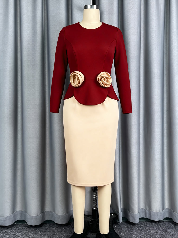 AOMEIDRESS Chic Bodycon Dress O Neck Long Sleeve Colorblock 3D Floral
