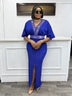 AOMEIDRESS Blue Bodycon Dress V Neck Rhinestone Belt Slit for Party