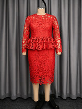 AOMEIDRESS Bodycon Lace Dress O Neck Long Sleeves Hollow Out Peplum
