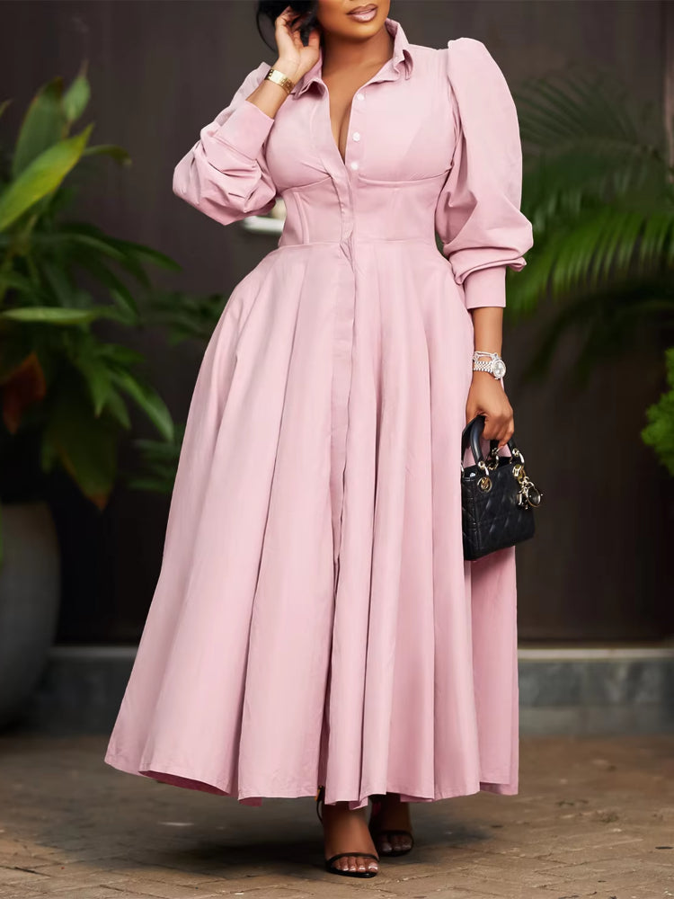 Elegant Shirt Dresses Women Turn Down Collar Long Puff Sleeve