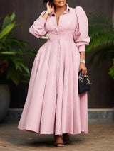 Elegant Shirt Dresses Women Turn Down Collar Long Puff Sleeve