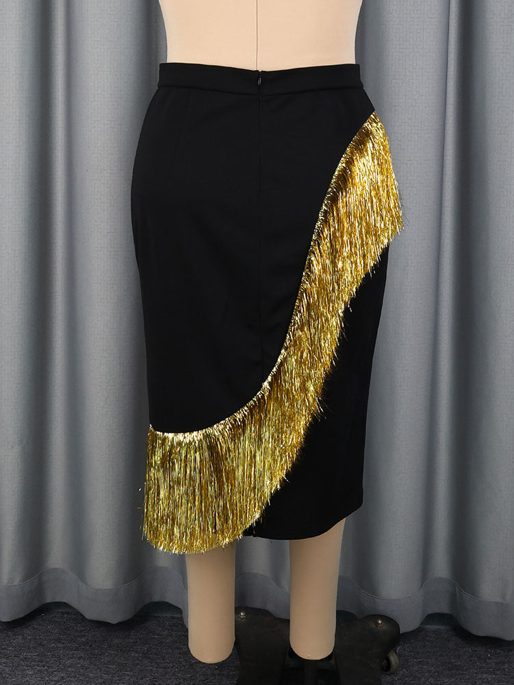 AOMEIDRESS Chic Pencil Skirt Irregular Gold Tassel for Party Office
