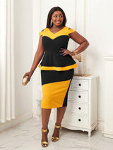 Cold Shoulder Patchwork Color Block Peplum Dresses Black / S