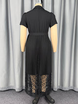 AOMEIDRESS Women A Line Dress Sheer Lapel Collar Pleated Lace Button