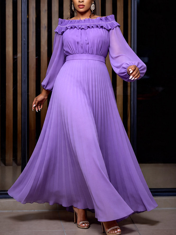 AOMEIDRESS A Line Pleated Chiffon Dress Off The Shoulder Puff Sleeves