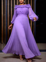 AOMEIDRESS A Line Pleated Chiffon Dress Off The Shoulder Puff Sleeves