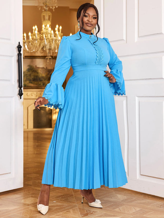 AOMEIDRESS Elegant Maxi Church Dress with Pleat Lace Stand Collar