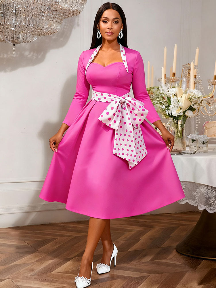 AOMEIDRESS Elegant A Line Dress Dot Bow Long Sleeve Sweetheart Neck