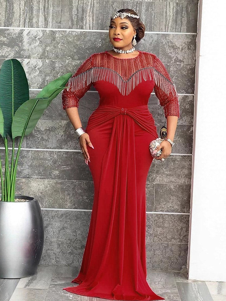 AOMEIDRESS Mermaid Dress Patchwork O Neck Fringe Sheer Sequin Sleeves