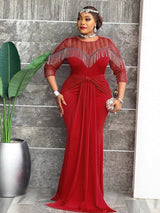 AOMEIDRESS Mermaid Dress Patchwork O Neck Fringe Sheer Sequin Sleeves