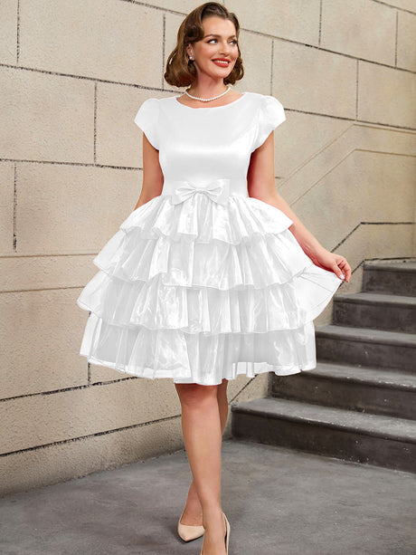 AOMEIDRESS Retro A Line Tiered Dress with Bow Round Neck Design Plus Size Prom Dresses