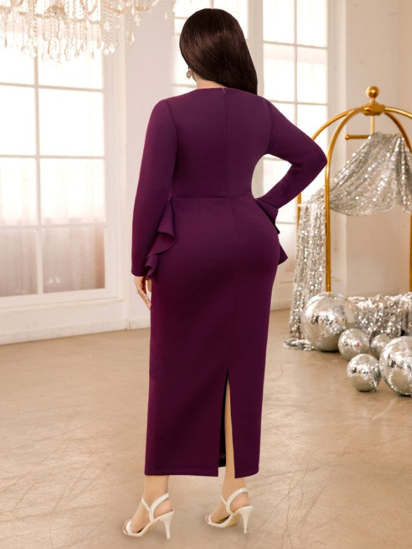 AOMEIDRESS Purple maxi Dress Asymmetrical Neck Long Sleeve Peplum