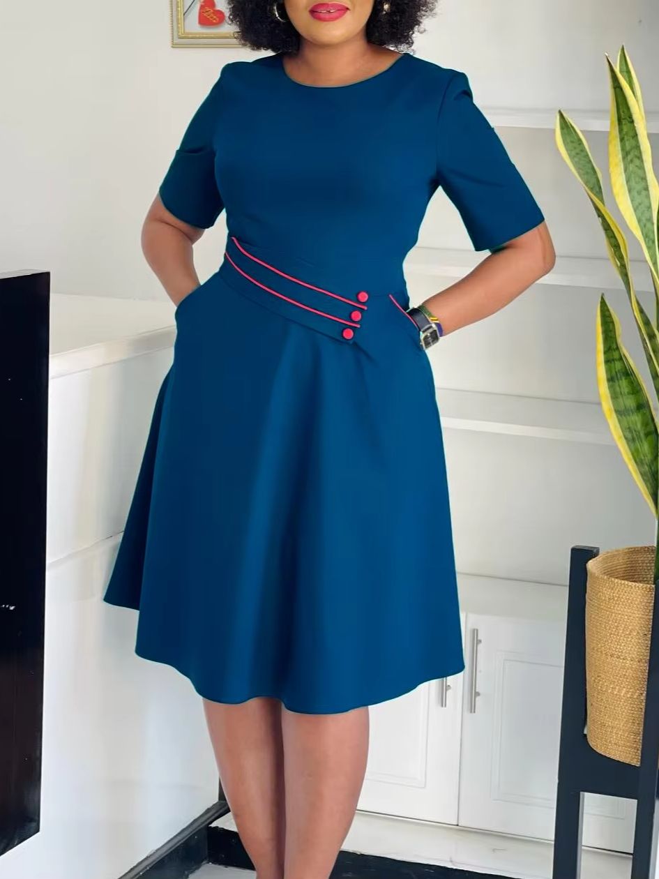 AOMEIDRESS Elegant Pleated A Line Dress O Neck Short Sleeve Buttons
