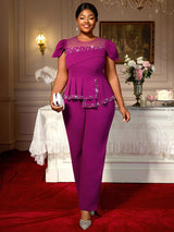 AOMEIDRESS Elegant Beaded Peplum Belly Cover Church Jumpsuit O Neck Purple / S