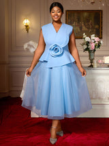 AOMEIDRESS Blue A Line Wedding Party Dress 3D Flower Sleeveless Peplum