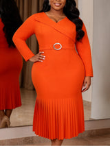 AOMEIDRESS Mermaid Dress V Neck Long Sleeve Belt Package Hip Pleated