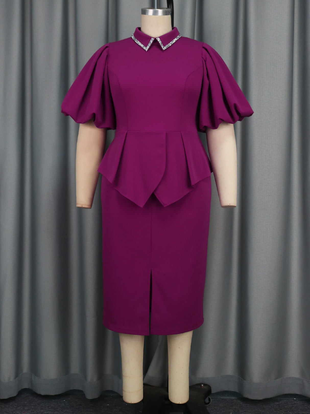 AOMEIDRESS Business Dinner Outfit Purple Red Puff Sleeve Collar Dress







