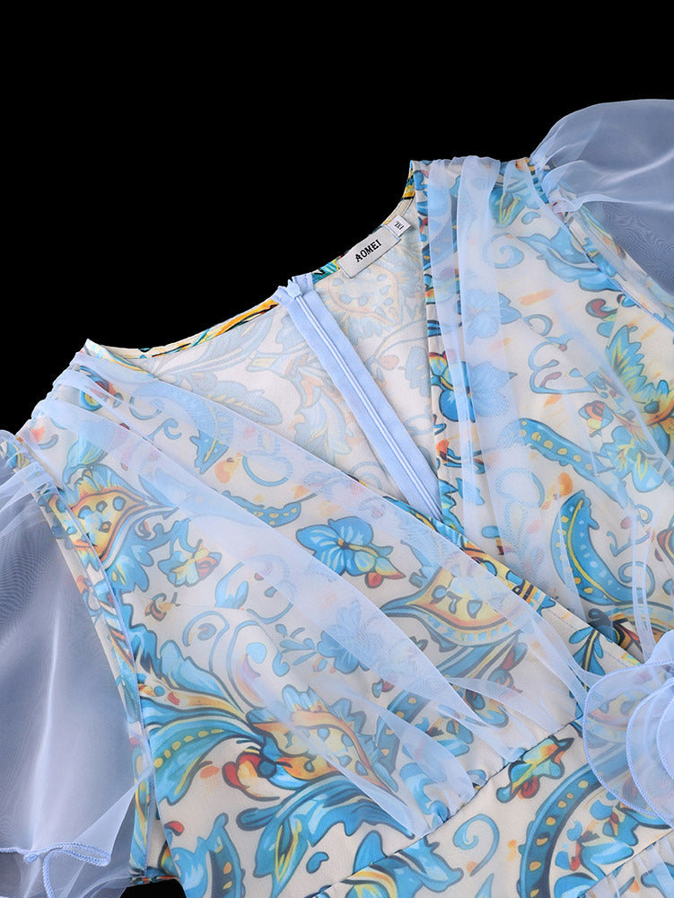 AOMEIDRESS A Line Dress Print Mesh V Neck Butterfly Sleeve 3D Flower