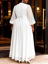 AOMEIDRESS White Chiffon A Line Dresses V Neck Puff Sleeves Waistband