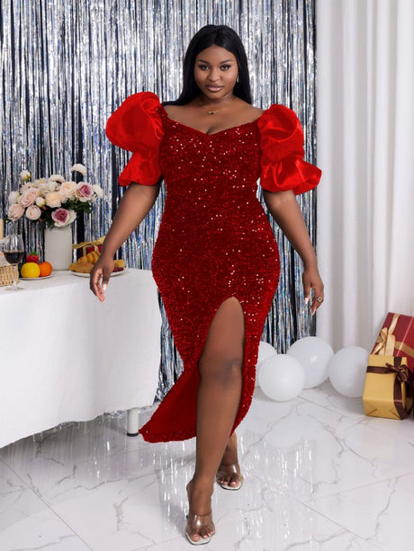 Off Shoulder Fluffy Sleeve High Slit Plus Size Sequin Evening Gown