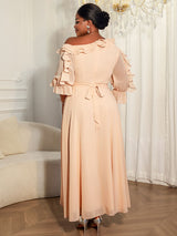 Elegant A Line Off-shoulder Chiffon Pleated Dress Ruffles 3D Flowers