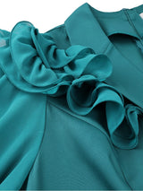 AOMEIDRESS Pleated Midi Dress Ruffled Shoulder Long Sleeve Waist Tie
