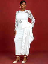 AOMEIDRESS Lace Dress Long Sleeve Beaded Bodycon Elegant White Bridal Shower Dresses White / S