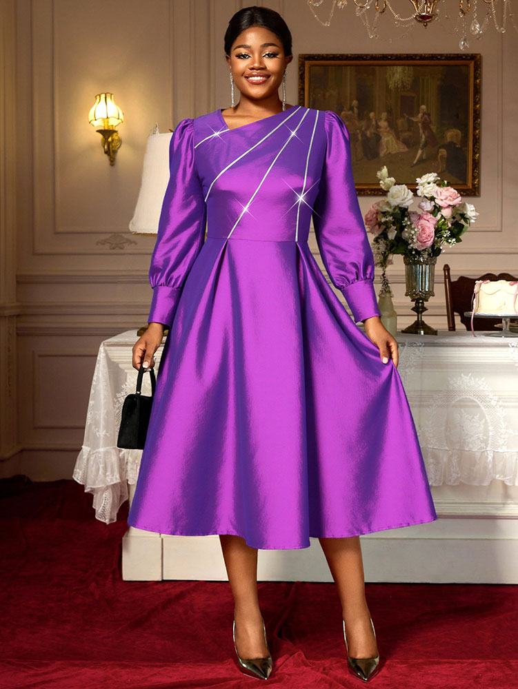 AOMEIDRESS Elegant A Line Shiny Puff Sleeve Dress for Wedding Party